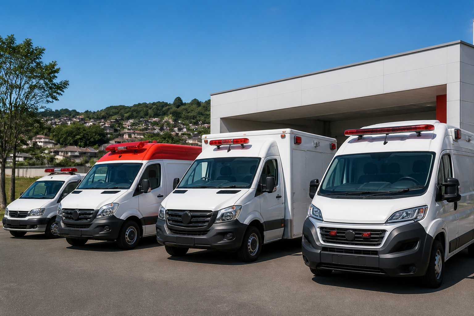 Vários tipos de ambulâncias estacionadas em frente a uma unidade de saúde em Sapopema, Paraná.