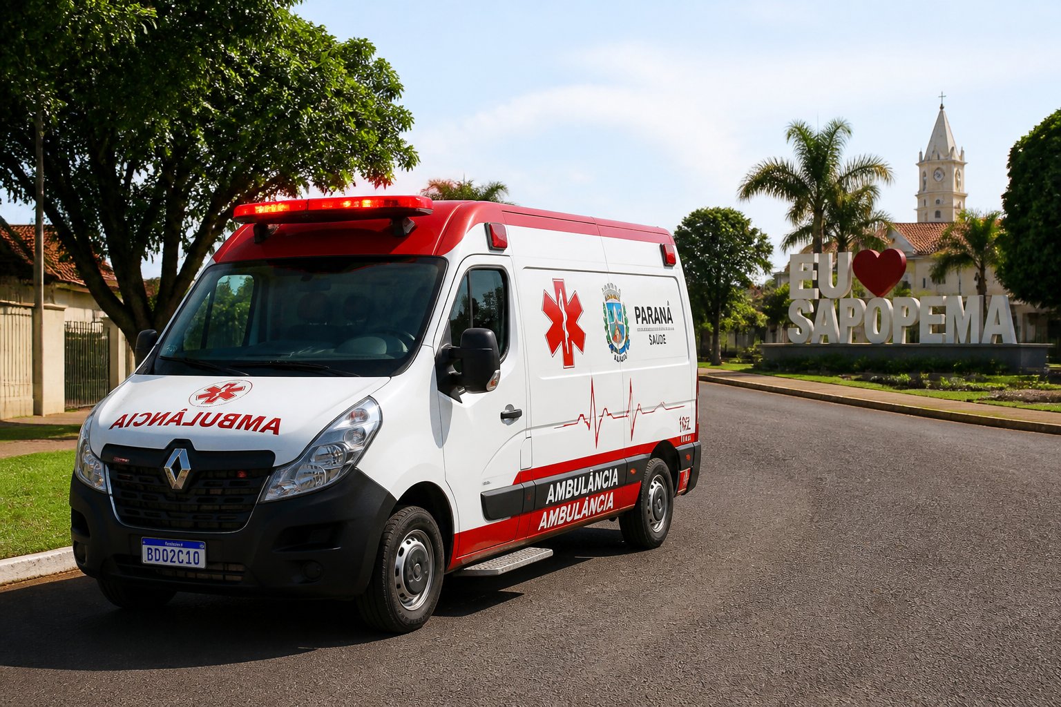 Ambulância estacionada em uma rua tranquila de Sapopema, Paraná, com árvores verdes e prédios pequenos ao redor.