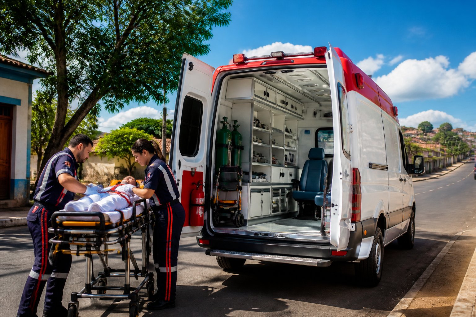 Ambulância estacionada em uma rua de Ibaiti com paramédicos atendendo um paciente em uma maca.