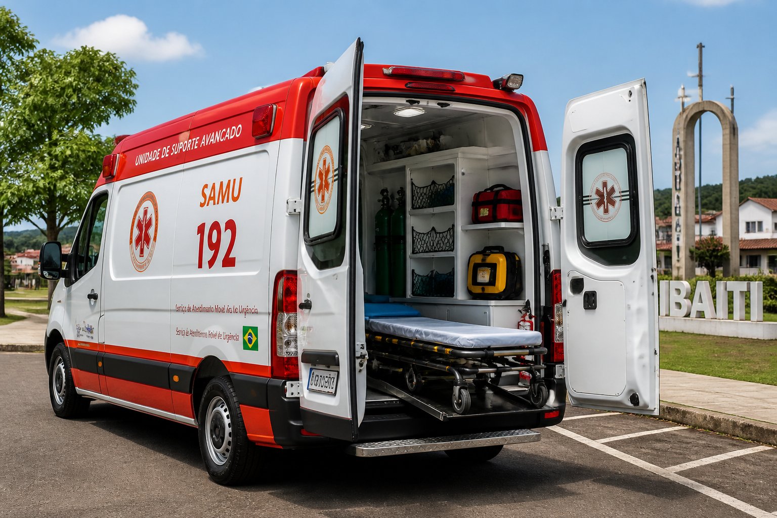 Ambulância moderna estacionada com portas abertas mostrando equipamentos médicos internos em uma rua de Ibaiti.
