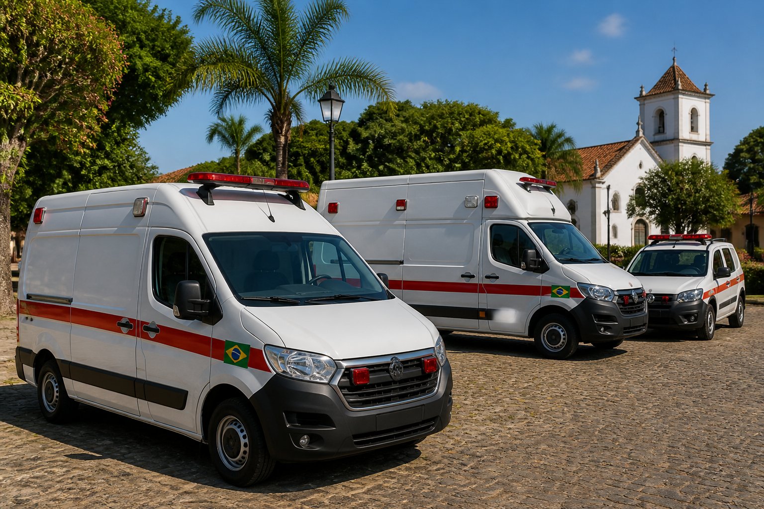 Vários tipos de ambulâncias estacionadas em uma rua de cidade pequena em Japira, com vegetação e construções ao fundo.