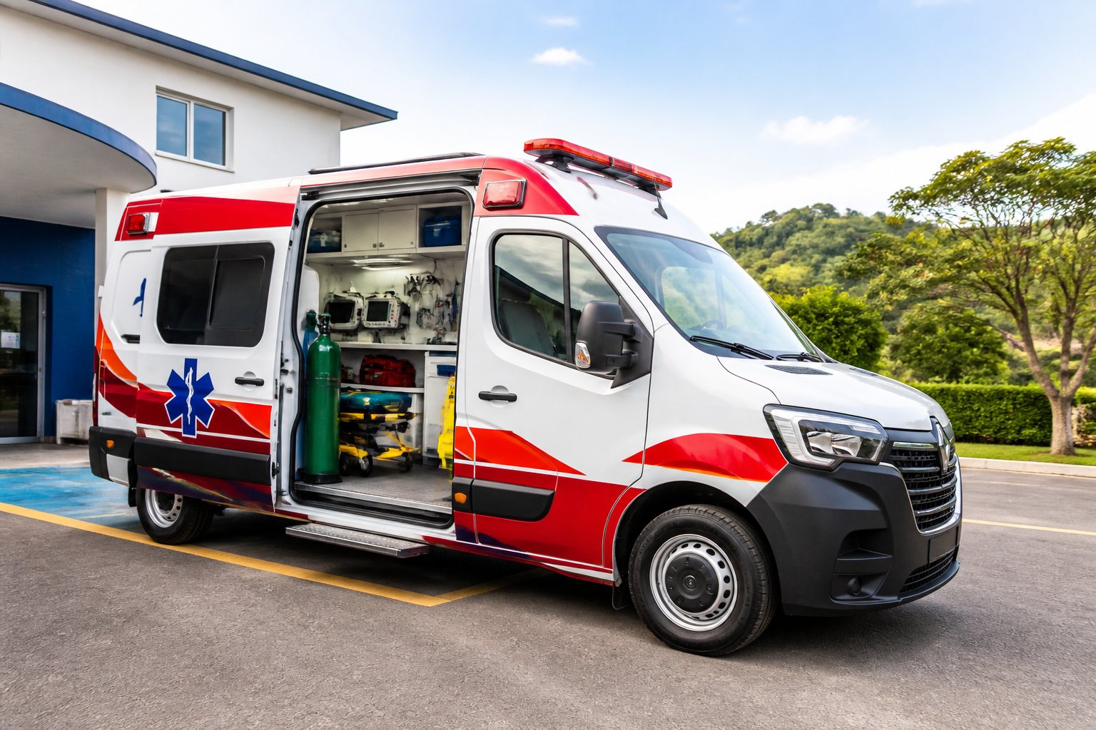 Ambulância moderna estacionada com equipamentos médicos essenciais visíveis pela porta lateral aberta, em frente a uma unidade de saúde em Japira.