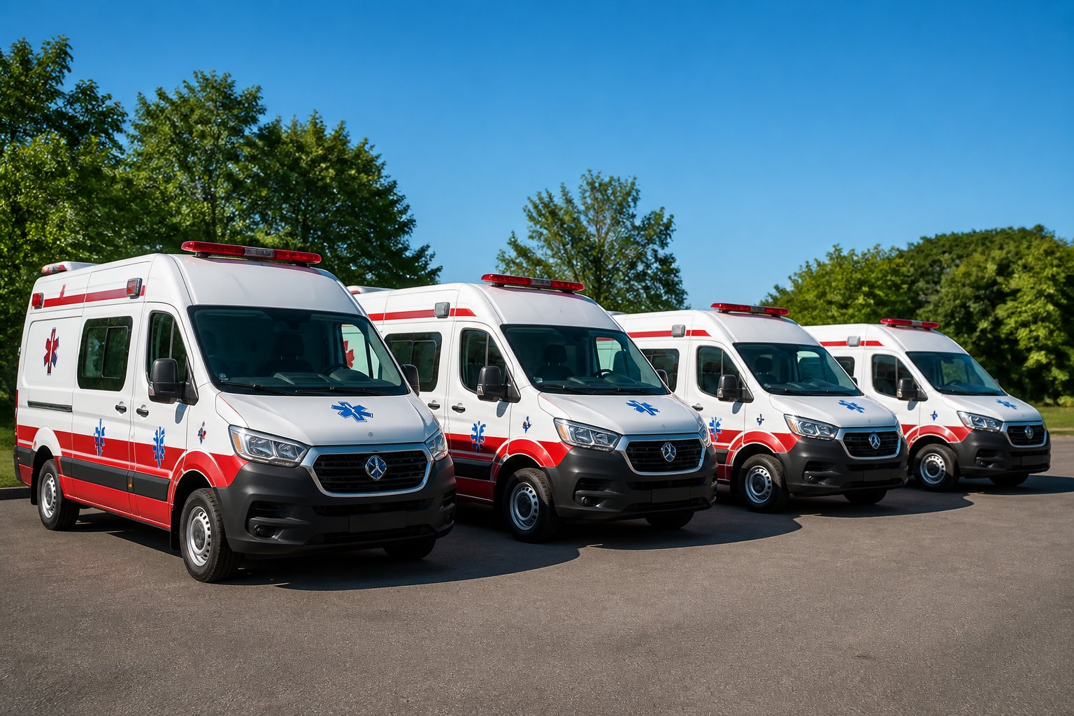 Várias ambulâncias estacionadas ao ar livre em área organizada com árvores ao fundo em Pinhalão.