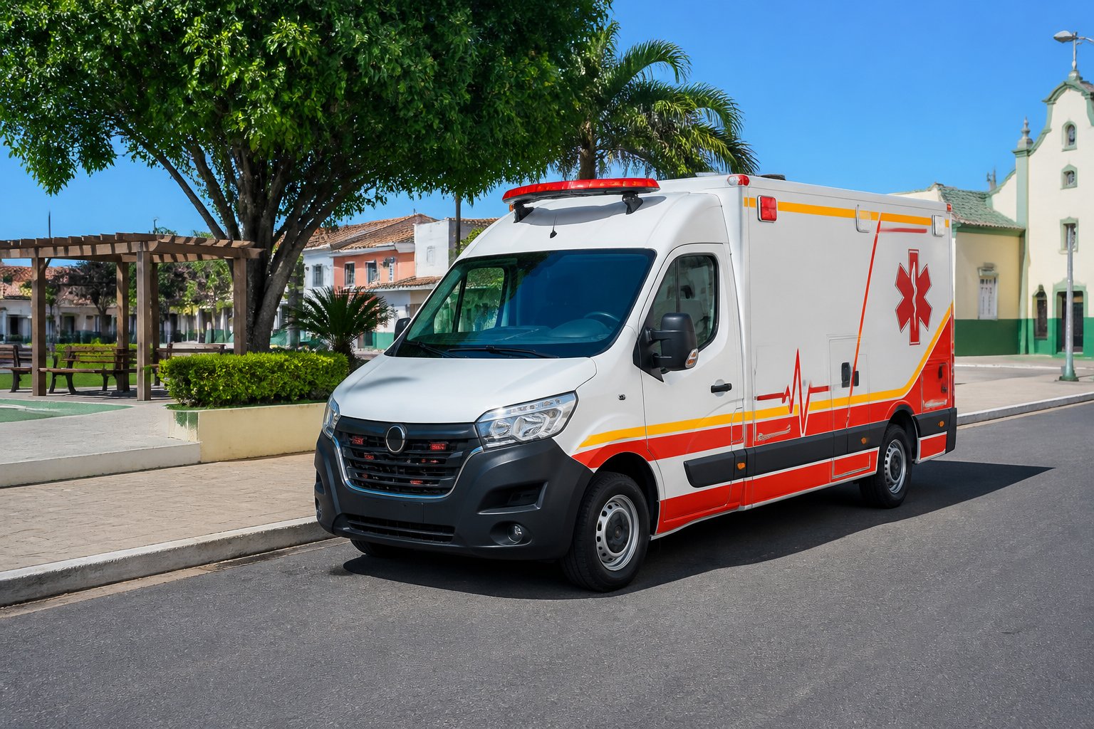 Ambulância moderna estacionada em uma rua tranquila de Pinhalão com árvores e prédios ao fundo.