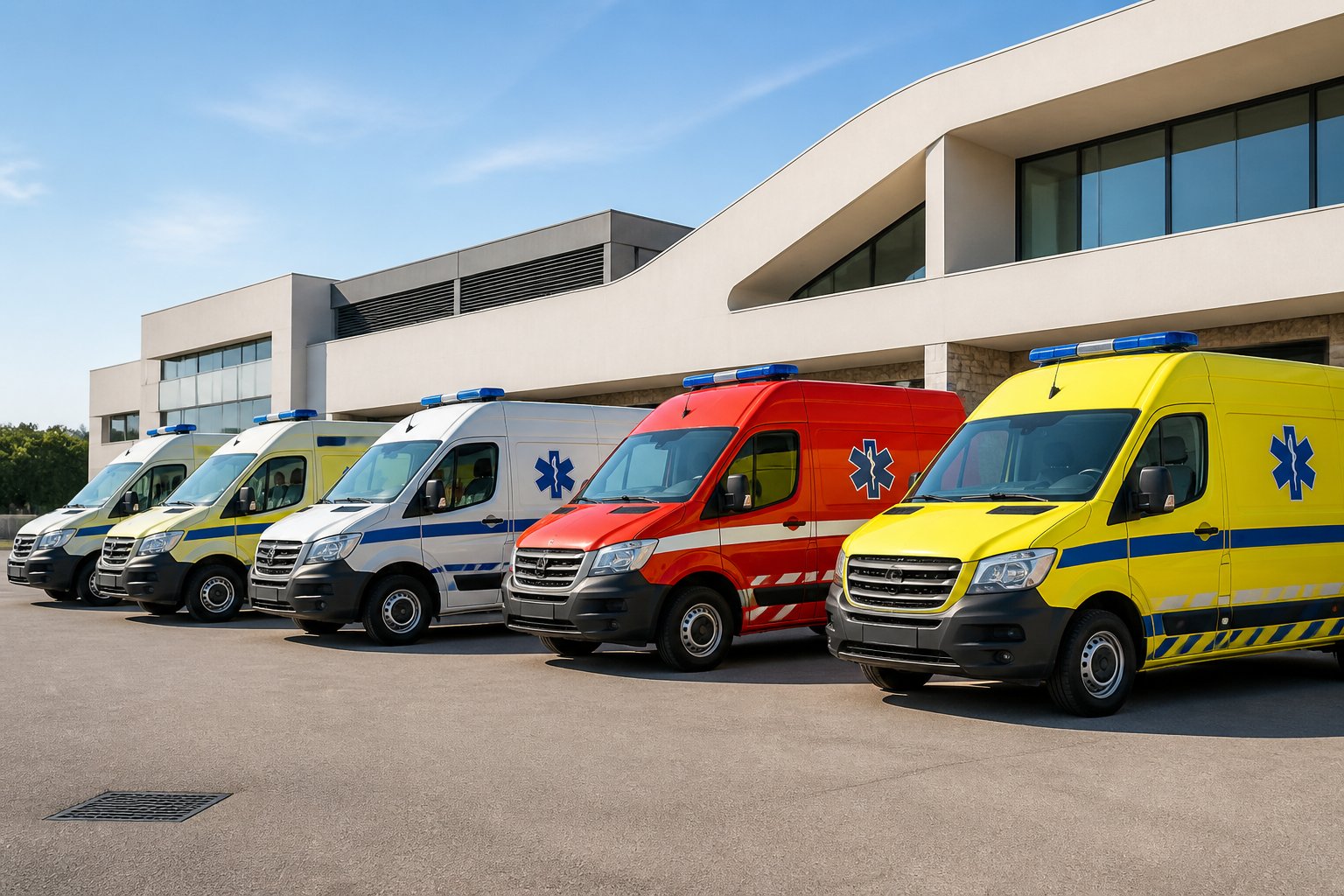 Vários tipos de ambulâncias estacionadas em fila em uma instalação moderna de serviços de emergência na Figueira da Foz.