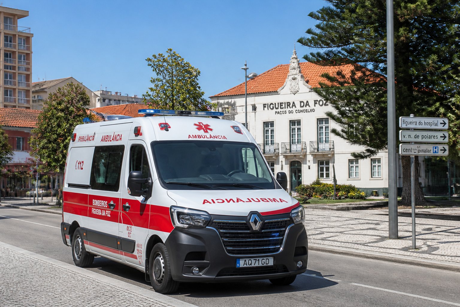 Ambulância moderna em uma rua limpa de uma pequena cidade com prédios e árvores ao redor.
