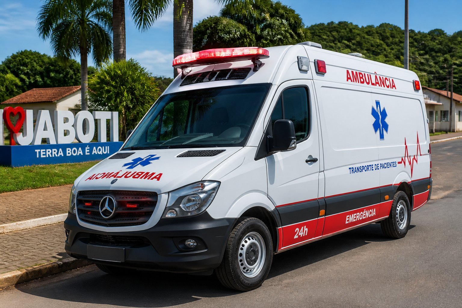 Uma ambulância estacionada em uma rua de Jaboti, com árvores verdes e casas ao fundo.