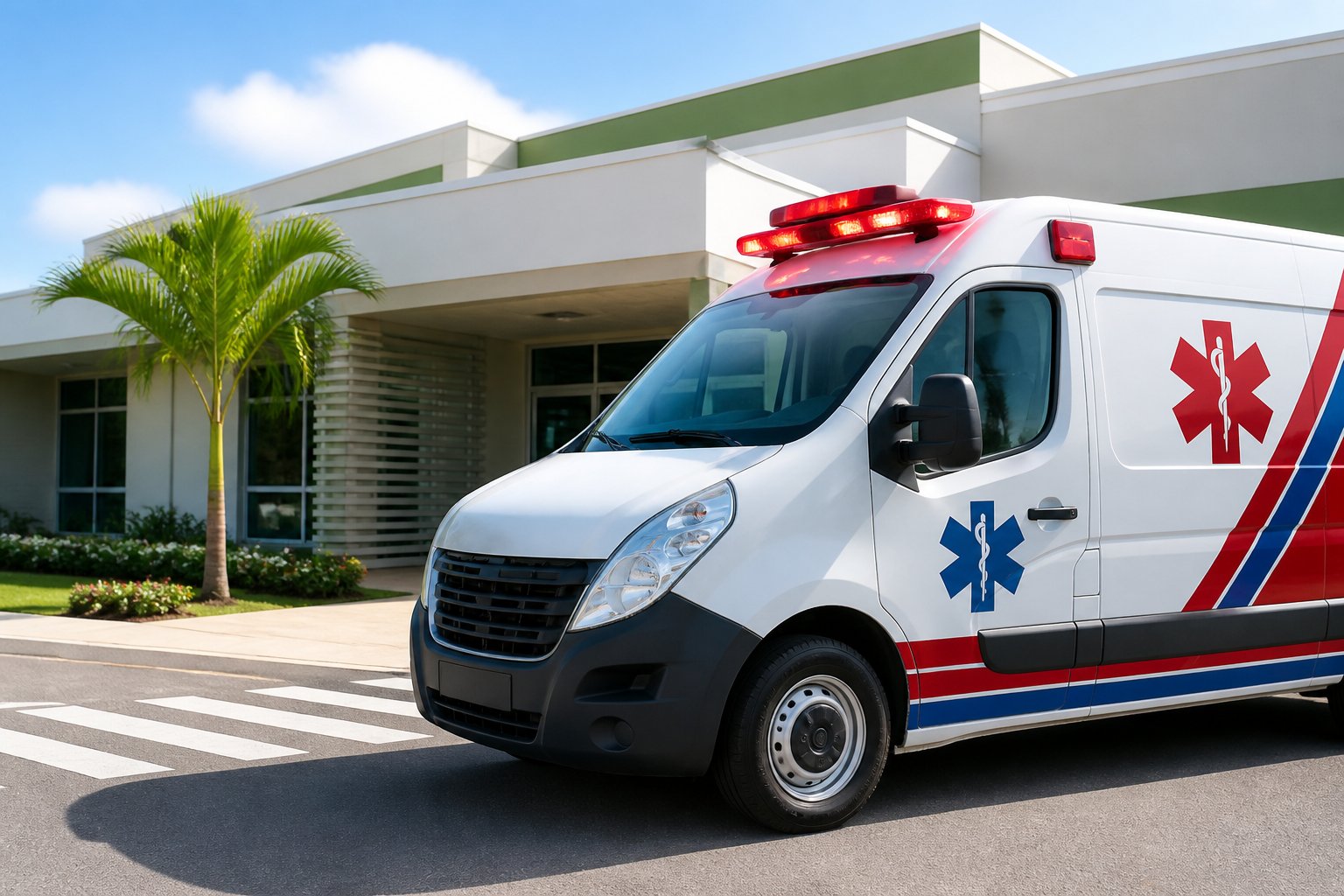 Ambulância moderna estacionada em frente a um prédio público de saúde municipal em Jaboti durante o dia.