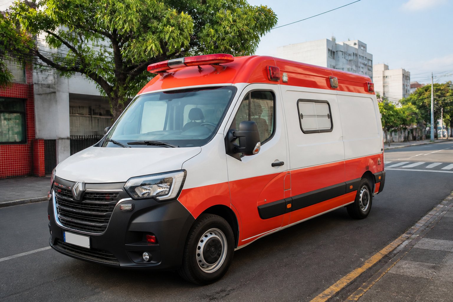 Ambulância moderna estacionada em uma rua da cidade de São Jerônimo da Serra, com prédios e árvores ao redor.