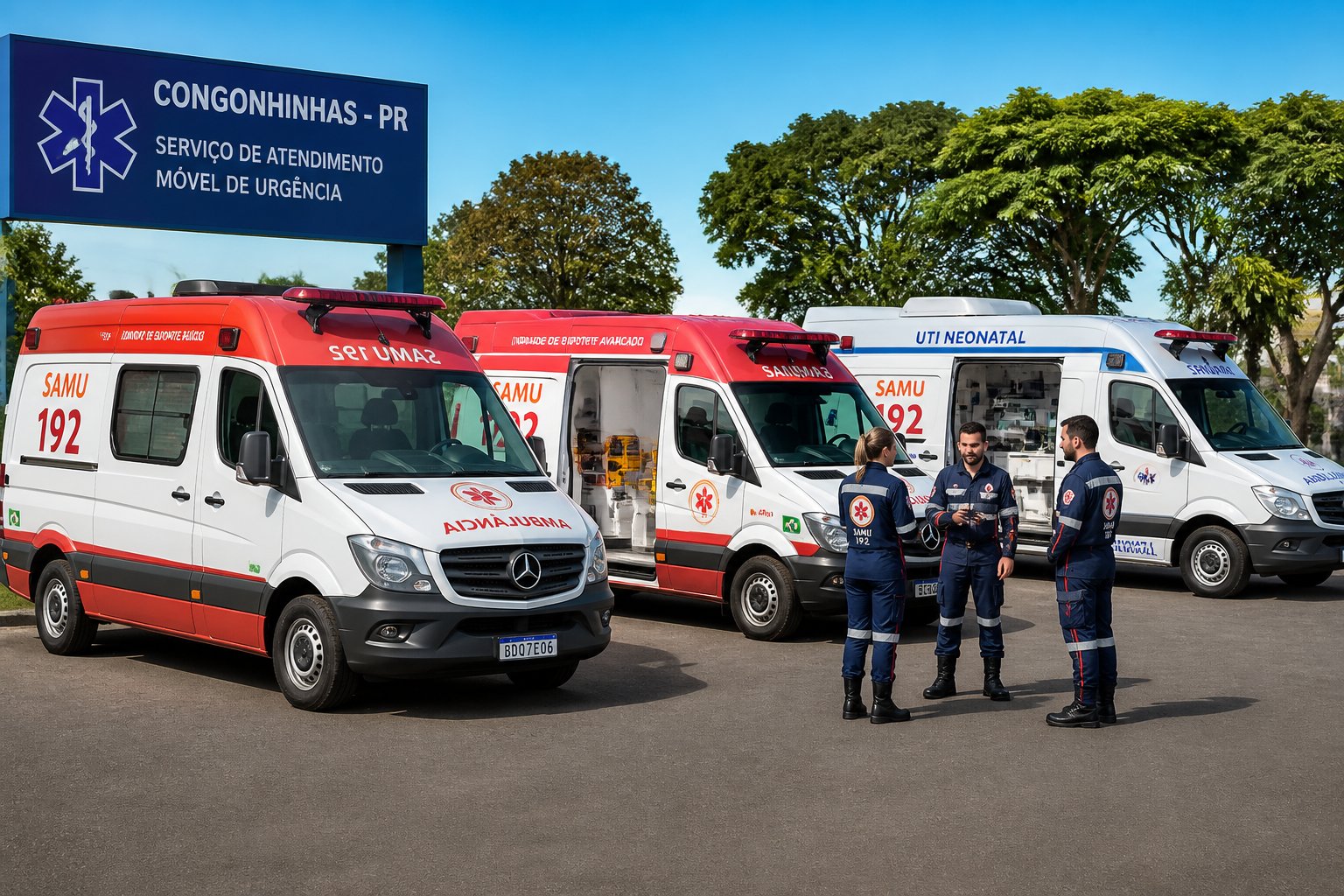 Linha de ambulâncias diferentes estacionadas ao ar livre em Congonhinhas, com paramédicos próximos e árvores ao fundo.