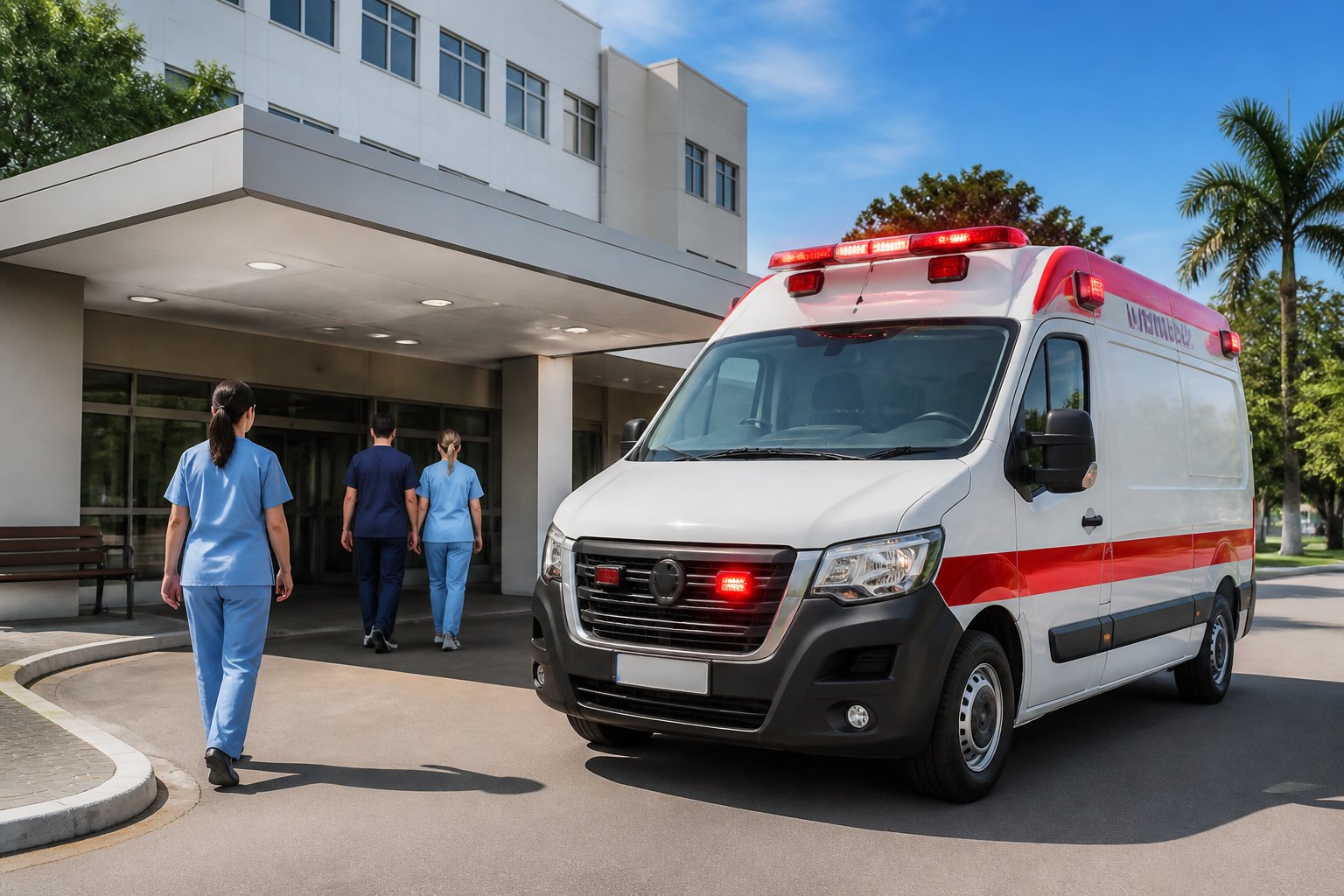 Ambulância estacionada em frente ao hospital em Congonhinhas com profissionais de saúde próximos.