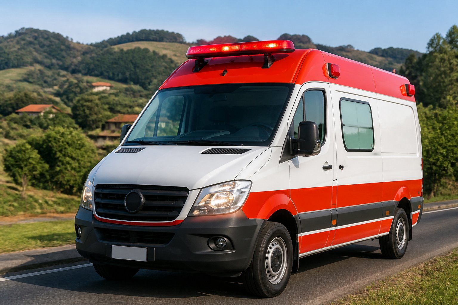 Ambulância em uma estrada rural cercada por vegetação verde na região de São Sebastião da Amoreira.