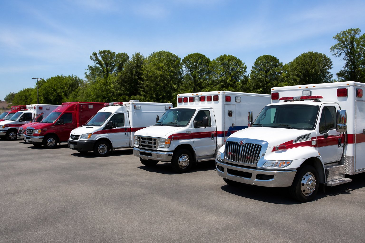 Diversos modelos de ambulâncias estacionadas em um local ao ar livre em Nova Fátima, com céu claro ao fundo.