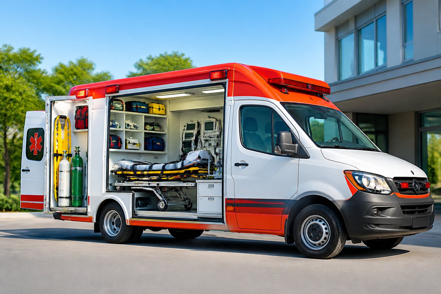 Ambulância moderna estacionada em frente a uma unidade de saúde em Nova Fátima, com equipamentos médicos visíveis nas laterais.