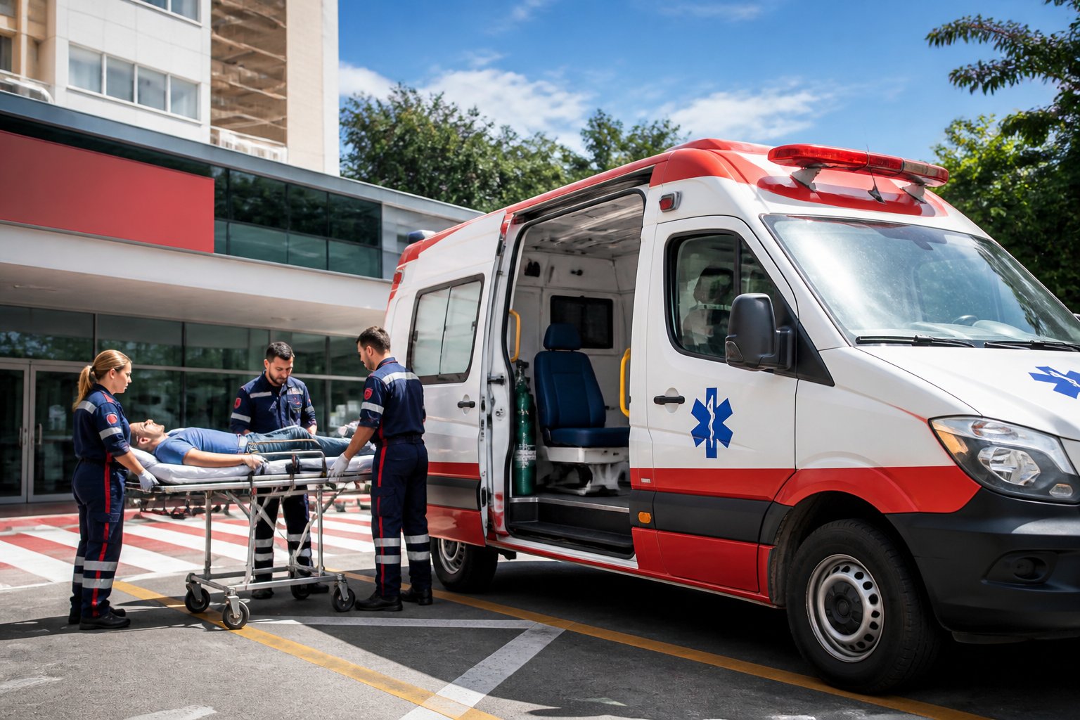 Ambulância estacionada fora de um hospital com paramédicos preparando equipamentos médicos em Ribeirão do Pinhal.