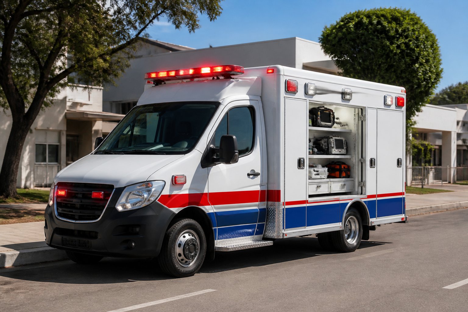 Ambulância branca com marcações vermelhas e azuis estacionada em uma rua urbana de Ribeirão do Pinhal durante o dia.