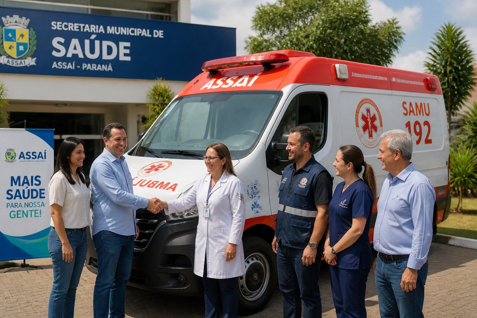 Nova ambulância branca com detalhes vermelhos e azuis estacionada em frente a um prédio público, com profissionais de saúde e autoridades locais reunidos ao redor, sorrindo e cumprimentando-se.