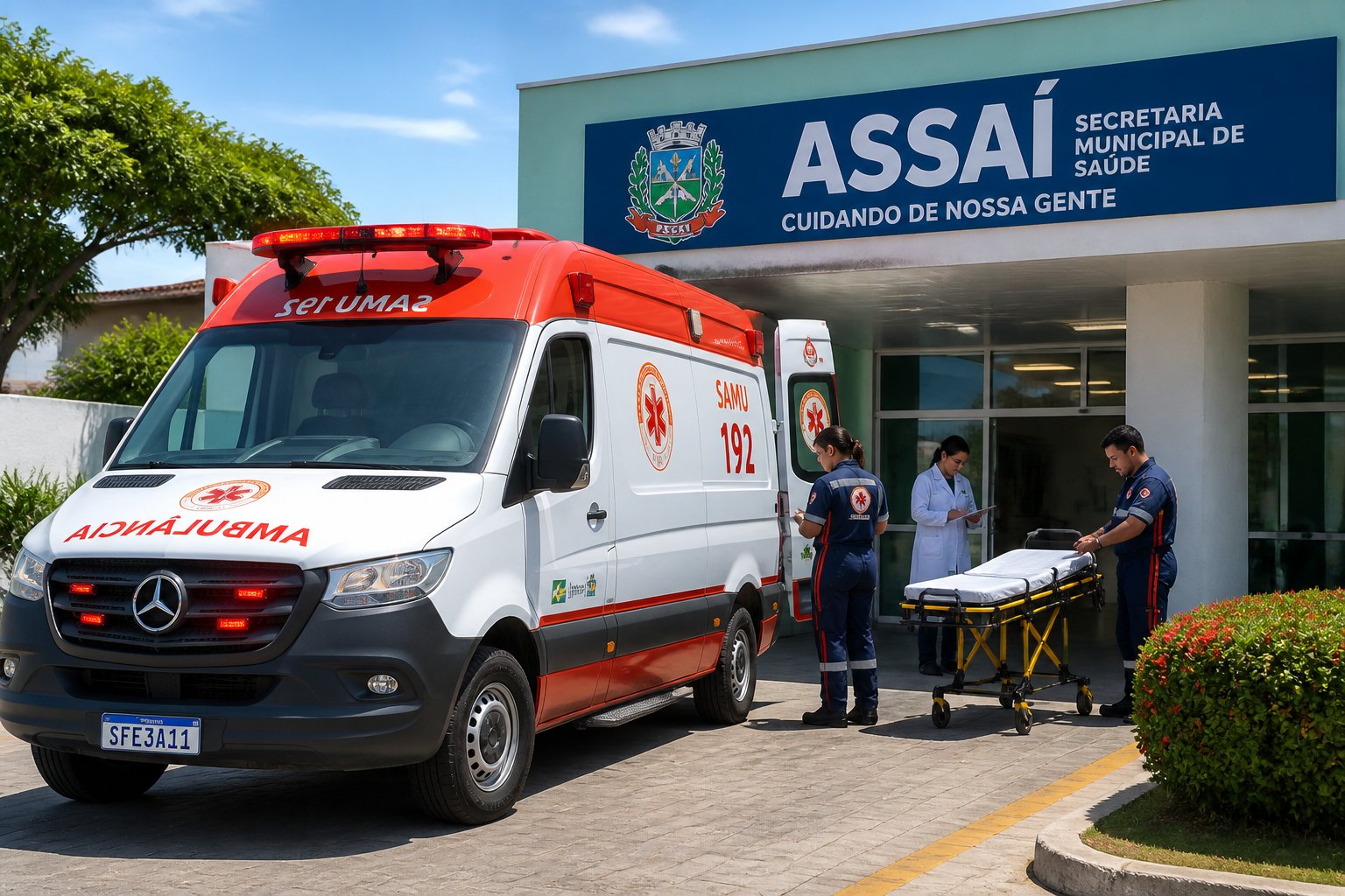 Ambulância estacionada em frente a uma unidade de saúde municipal em Assaí, com profissionais da saúde próximos e céu claro ao fundo.