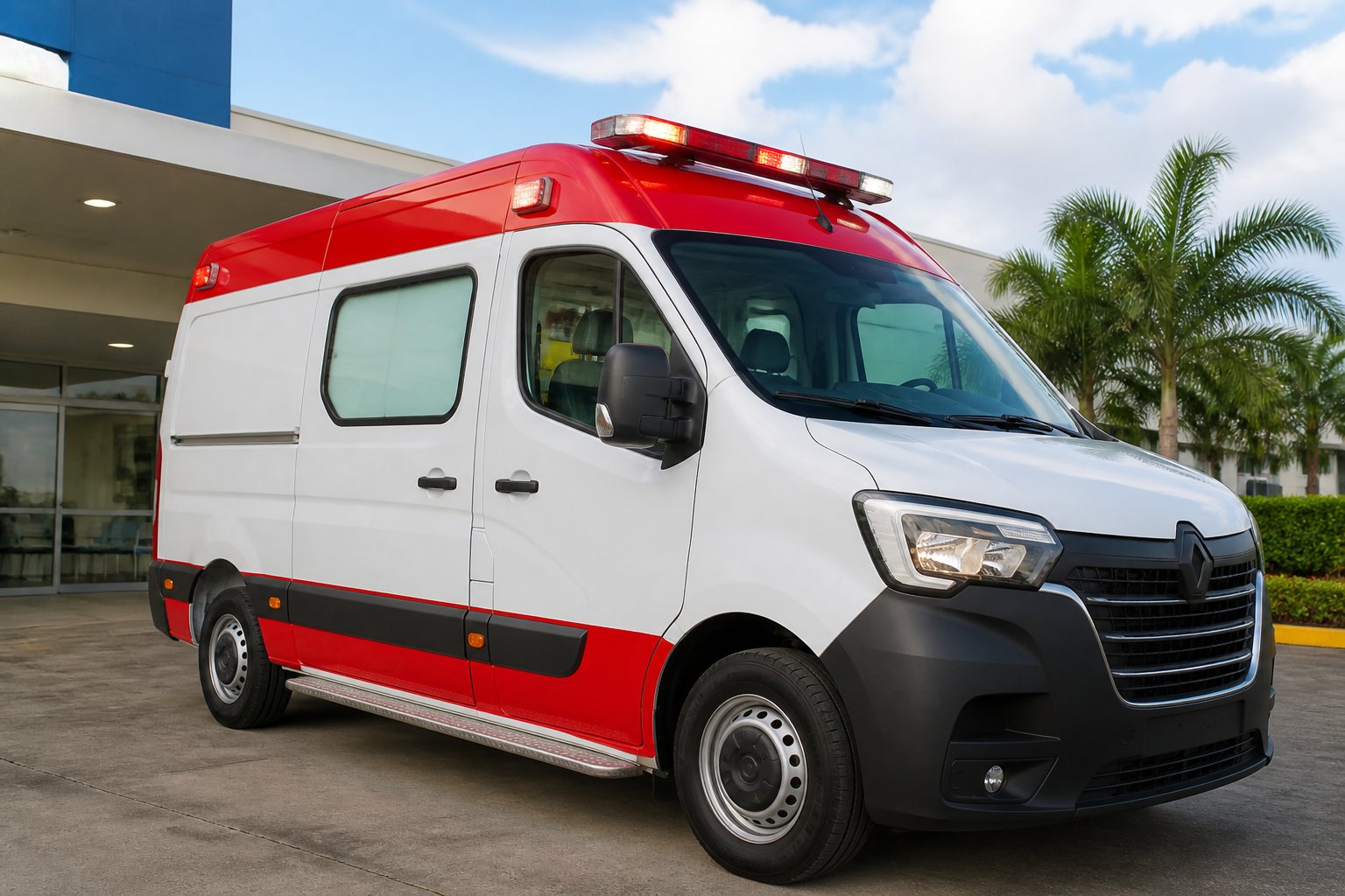 Ambulância moderna estacionada em frente a uma unidade de saúde em Santo Antônio da Platina.