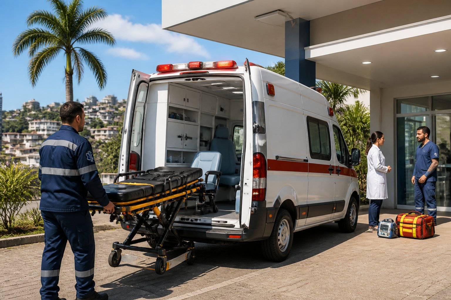 Ambulância moderna estacionada em frente a uma unidade de suporte em Santo Antônio da Platina, com profissionais de saúde ao redor e ambiente urbano ao fundo.