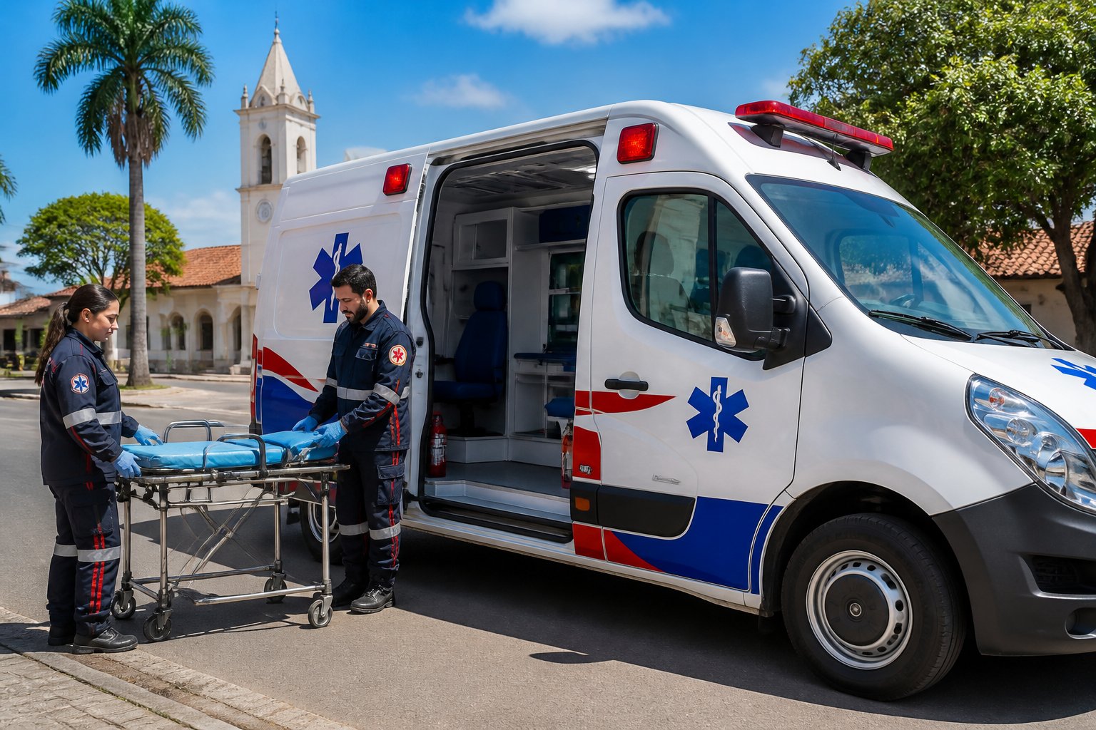 Ambulância moderna estacionada em uma rua de Abatiá com paramédicos ao redor, em um cenário de pequena cidade com árvores e céu azul.
