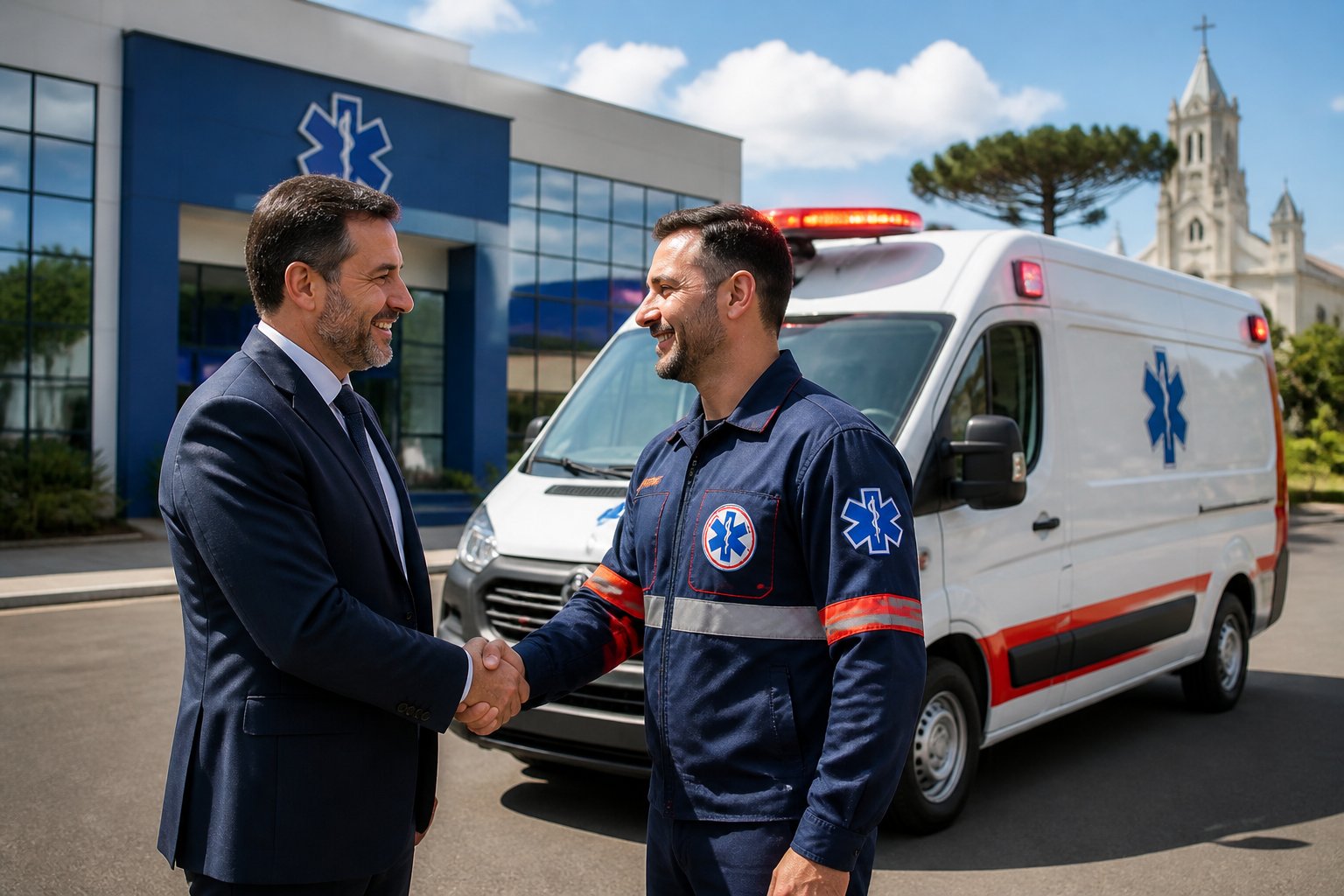 Ambulância nova estacionada em frente a um prédio municipal, com duas pessoas conversando e apertando as mãos, representando a venda e aquisição de ambulâncias em Abatiá.
