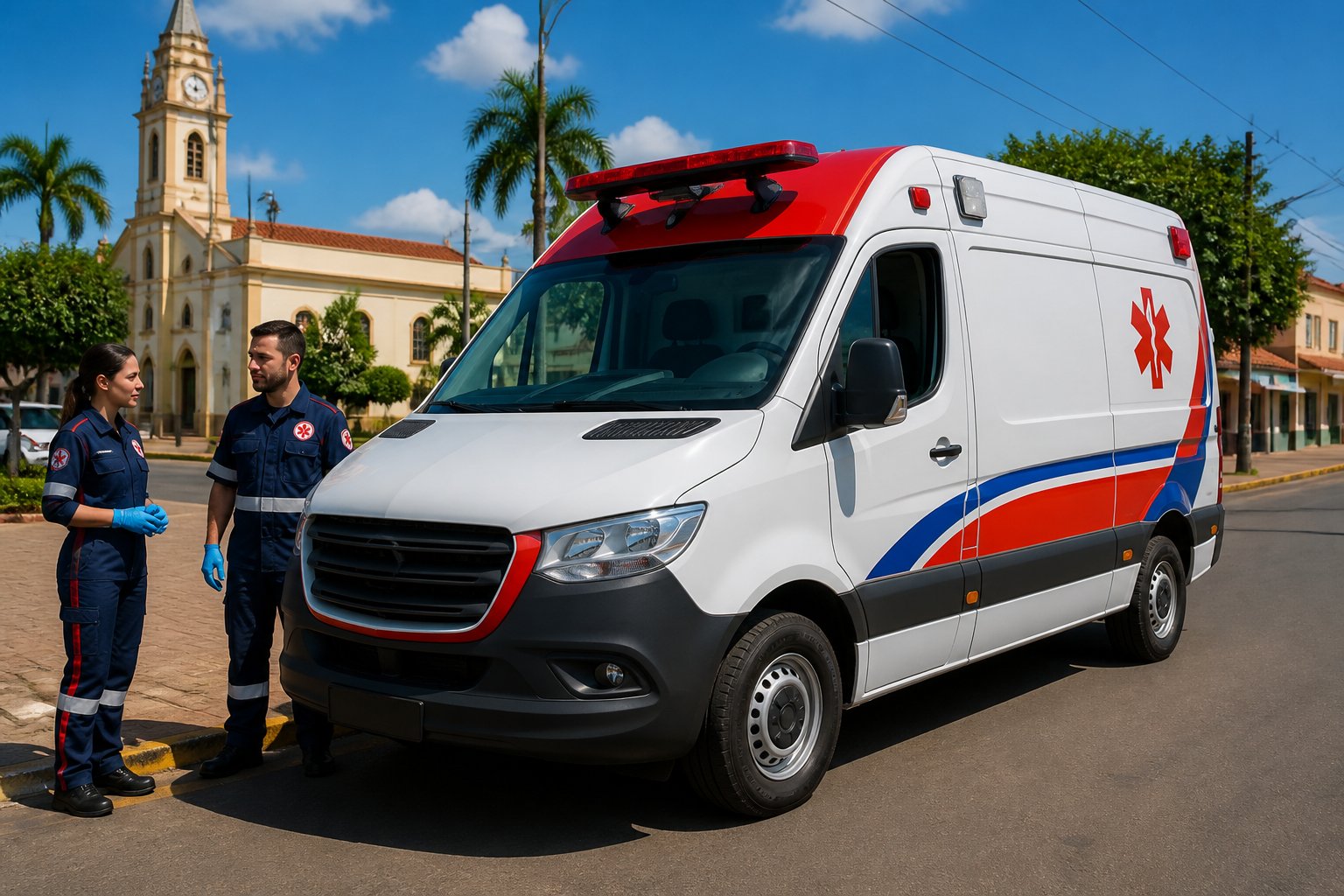 Ambulância moderna estacionada em uma rua de Jataizinho com paramédicos ao lado, em um ambiente tranquilo e ensolarado.