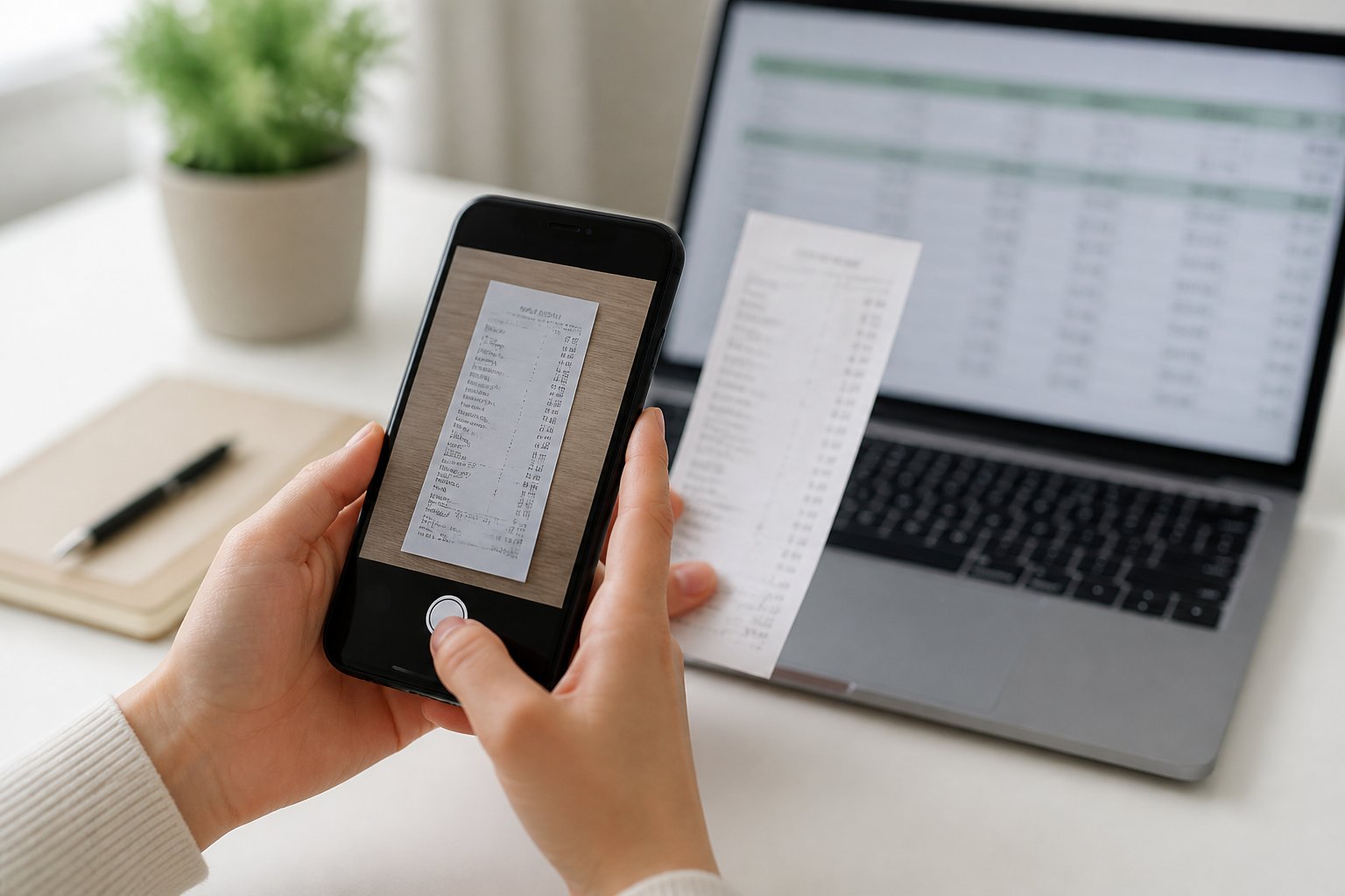Close-up of hands using a smartphone camera to capture a receipt over a desk with an open laptop showing a budgeting spreadsheet.