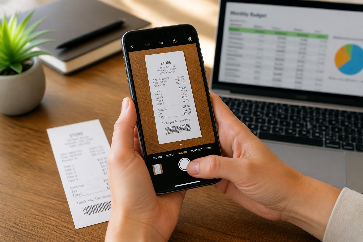 Person using a smartphone camera to take a photo of a receipt on a table with a laptop in the background.