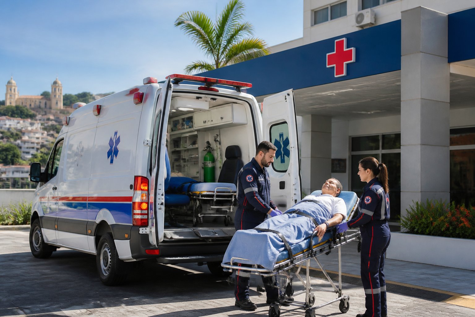 Ambulância em Santa Mariana: Serviços de Emergência Médica e Atendimento Rápido na Região Ambulância de transporte médico especializada estacionada em frente a um hospital, com profissionais de saúde auxiliando um paciente em uma maca.