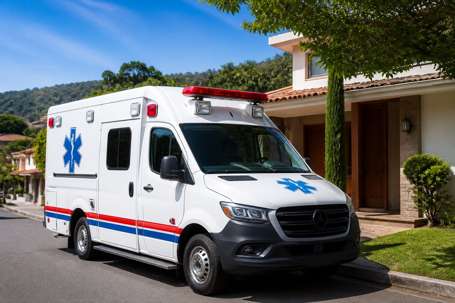 Ambulância em Santa Mariana: Serviços de Emergência Médica e Atendimento Rápido na Região Ambulância moderna estacionada em frente a uma casa residencial em um bairro com árvores e céu azul.