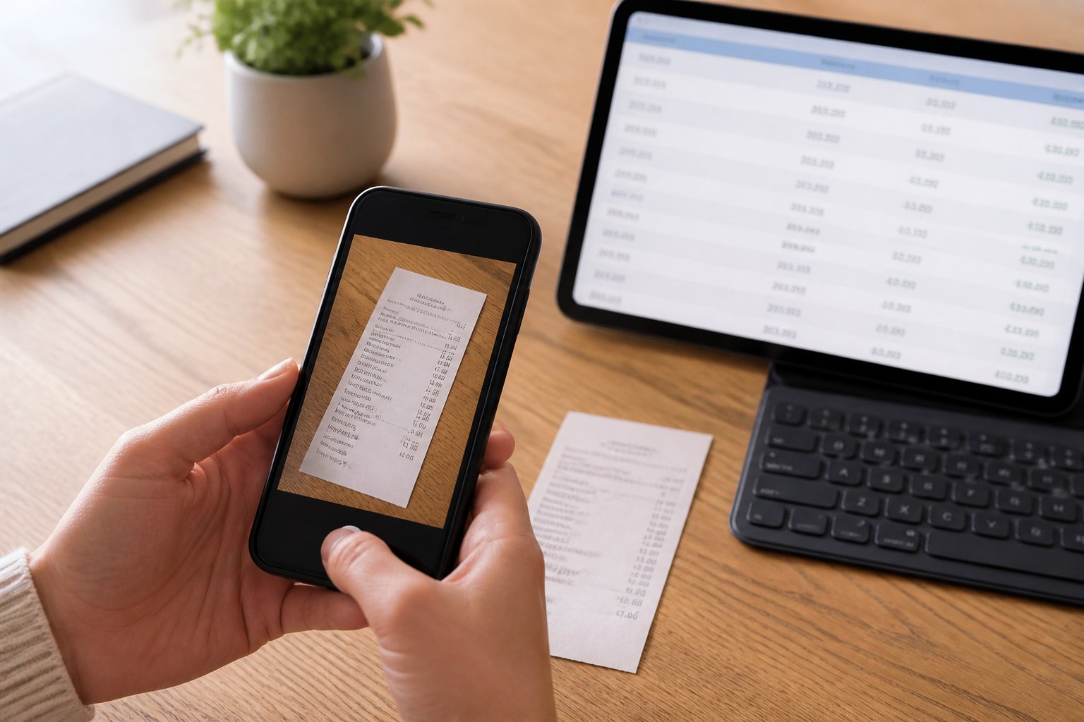 Hands holding a smartphone camera over a receipt on a table, with a digital budgeting app open on a nearby laptop.