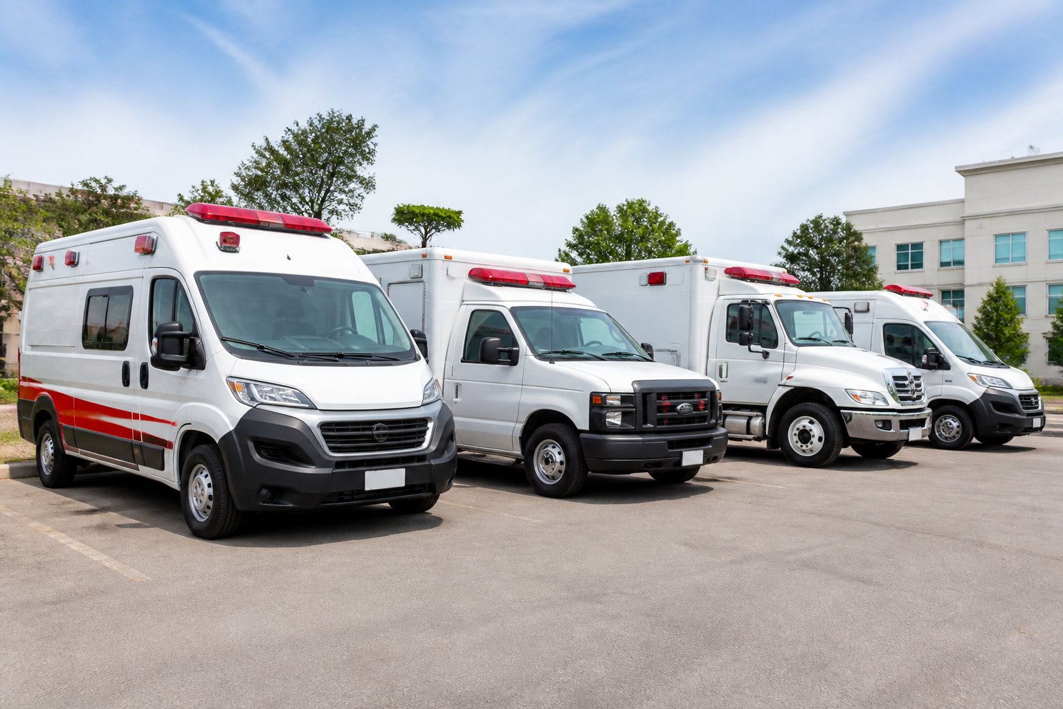 Várias ambulâncias modernas estacionadas ao ar livre em Uraí, prontas para atendimento de emergência.