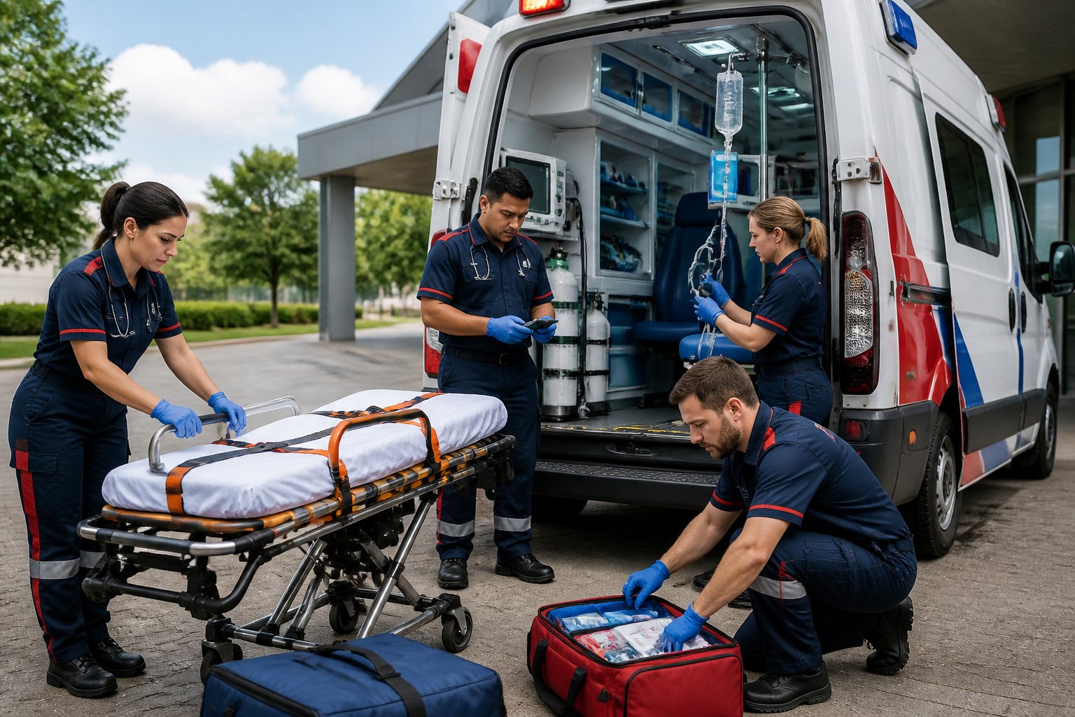 Equipe de paramédicos ao lado de uma ambulância moderna estacionada fora de uma unidade de saúde em Uraí, com equipamentos médicos visíveis.