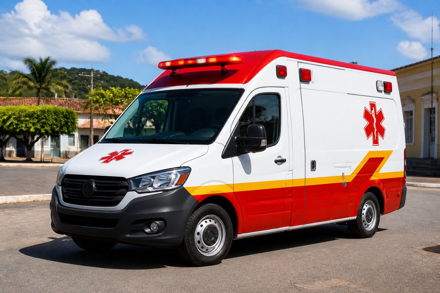 Ambulância moderna estacionada em uma rua limpa de Sertaneja, com prédios modestos e céu claro ao fundo.