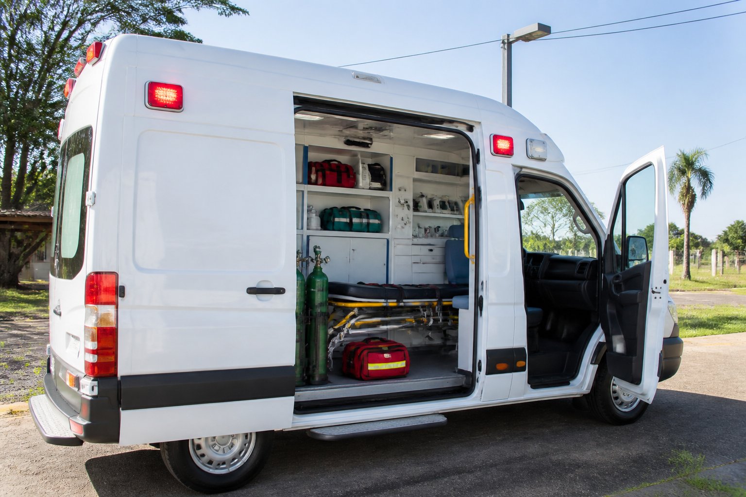 Ambulância moderna estacionada ao ar livre em Sertaneja, com equipamentos médicos visíveis e ambiente rural ao fundo.