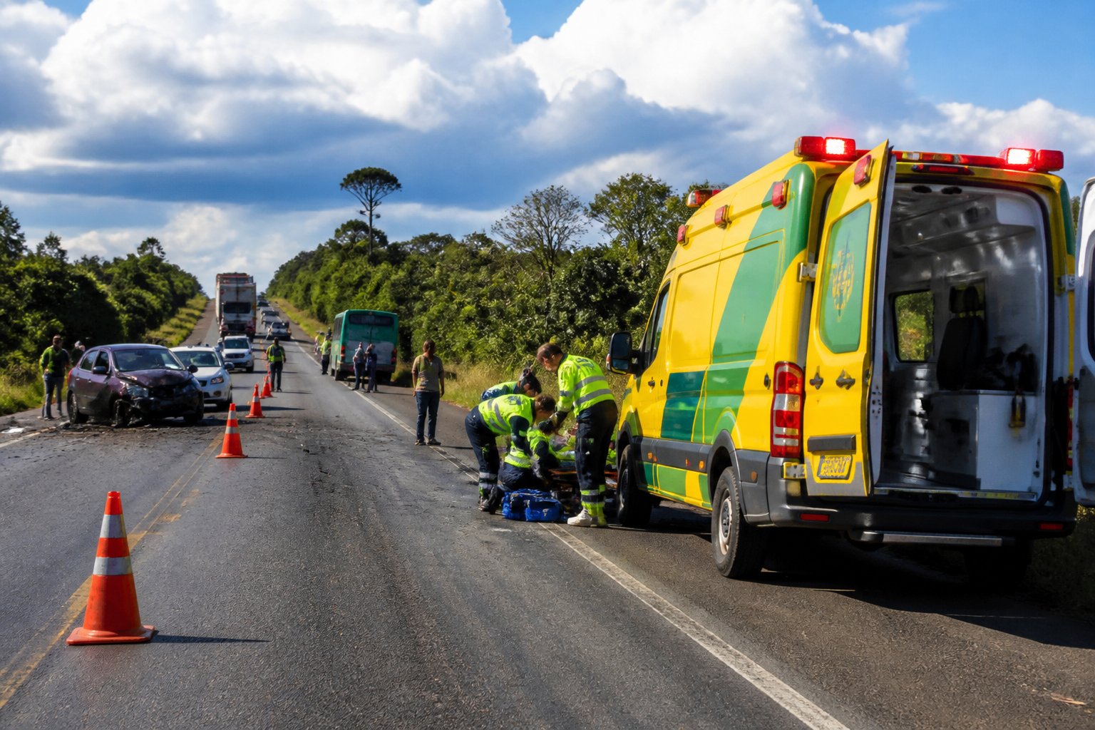 Cena de acidente na BR-369 com ambulância e paramédicos atendendo no local próximo a Andirá.
