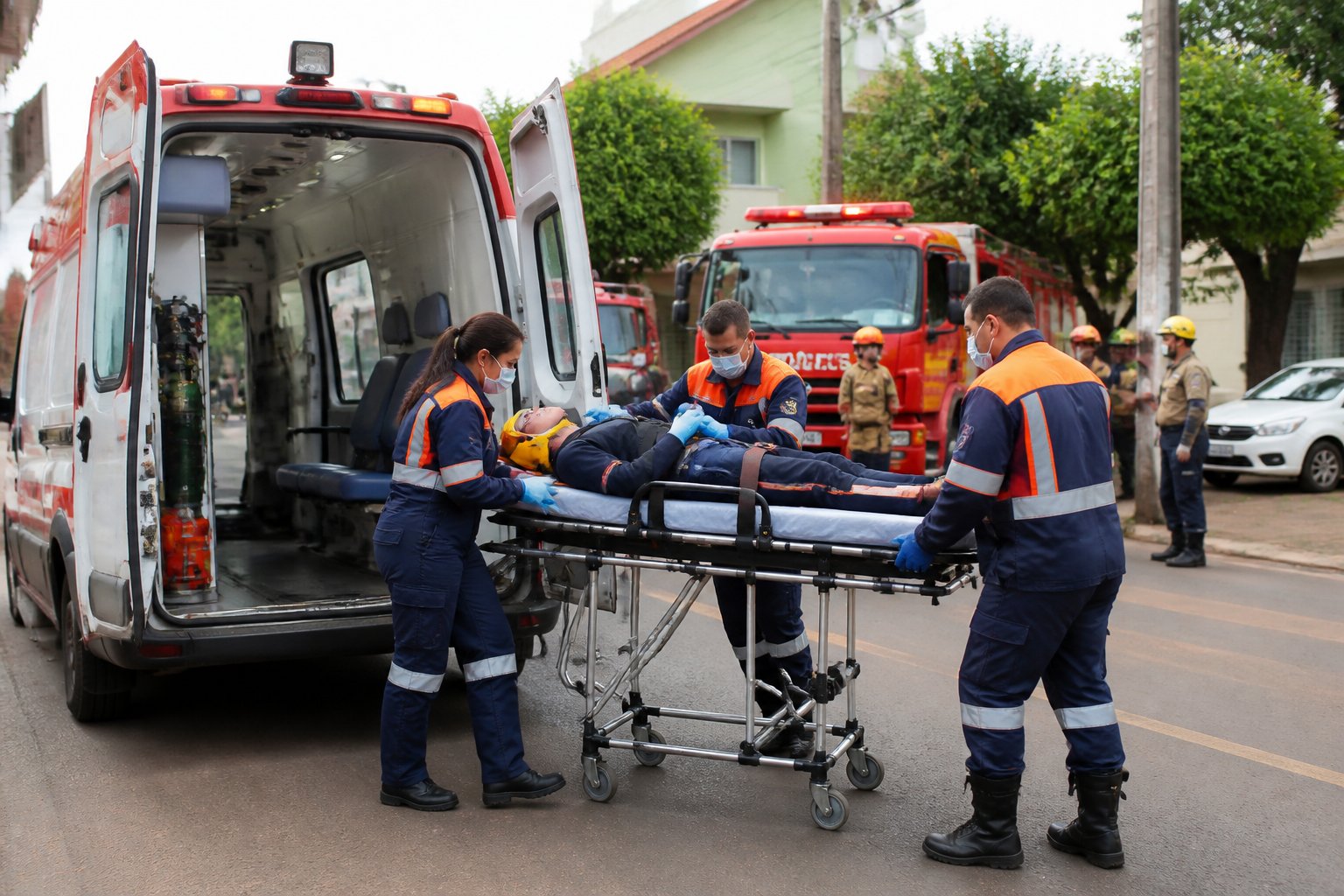 Ambulância estacionada na rua em Andirá com paramédicos atendendo um paciente em uma maca, cercados por veículos e profissionais de emergência.