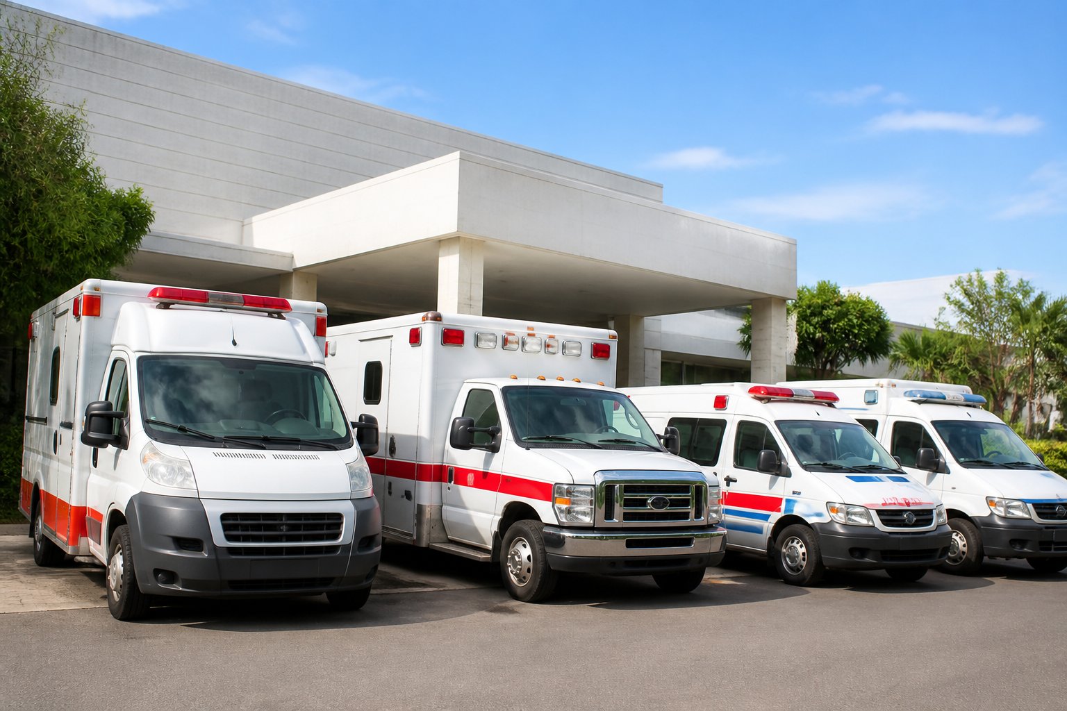 Vários tipos de ambulâncias estacionadas em área externa próxima a uma unidade de saúde em Cambará.