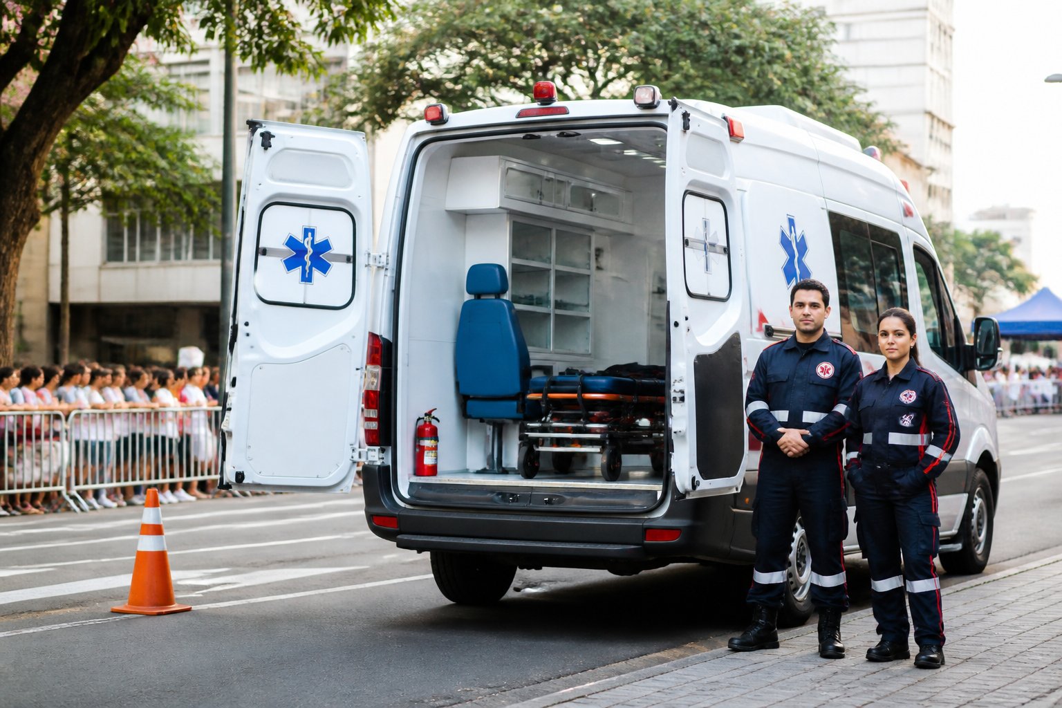 Ambulância estacionada em uma rua de Cambará com paramédicos uniformizados próximos, em um ambiente urbano durante o dia.