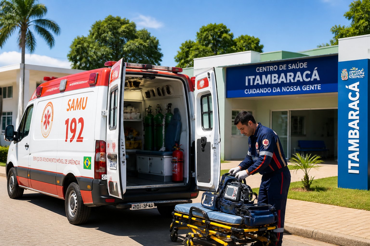 Uma ambulância moderna estacionada em frente a uma unidade de saúde em Itambaracá, com um paramédico preparando equipamentos médicos ao lado do veículo.