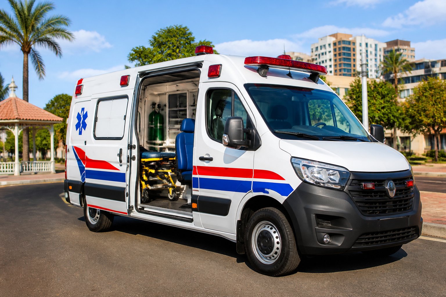 Ambulância de Suporte Básico branca com marcações vermelhas e azuis estacionada em uma área urbana em Itambaracá, mostrando equipamentos médicos e luzes de emergência.