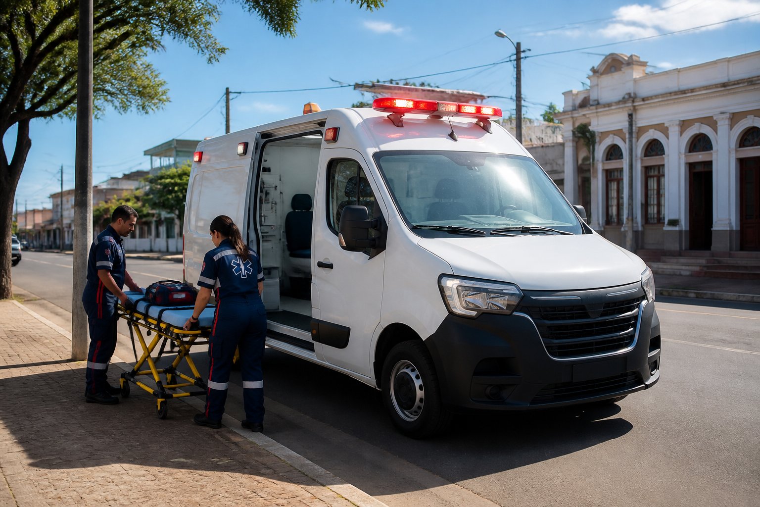 Ambulância em Ribeirão Claro: Serviços de Emergência Médica e Transporte de Pacientes na Região Ambulância branca estacionada em uma rua urbana de Ribeirão Claro com paramédicos preparando equipamentos ao lado.