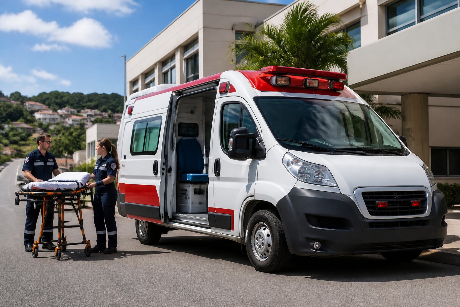Ambulância em Ribeirão Claro: Serviços de Emergência Médica e Transporte de Pacientes na Região Ambulância estacionada em uma rua de Ribeirão Claro com profissionais de saúde próximos, pronta para atendimento emergencial.