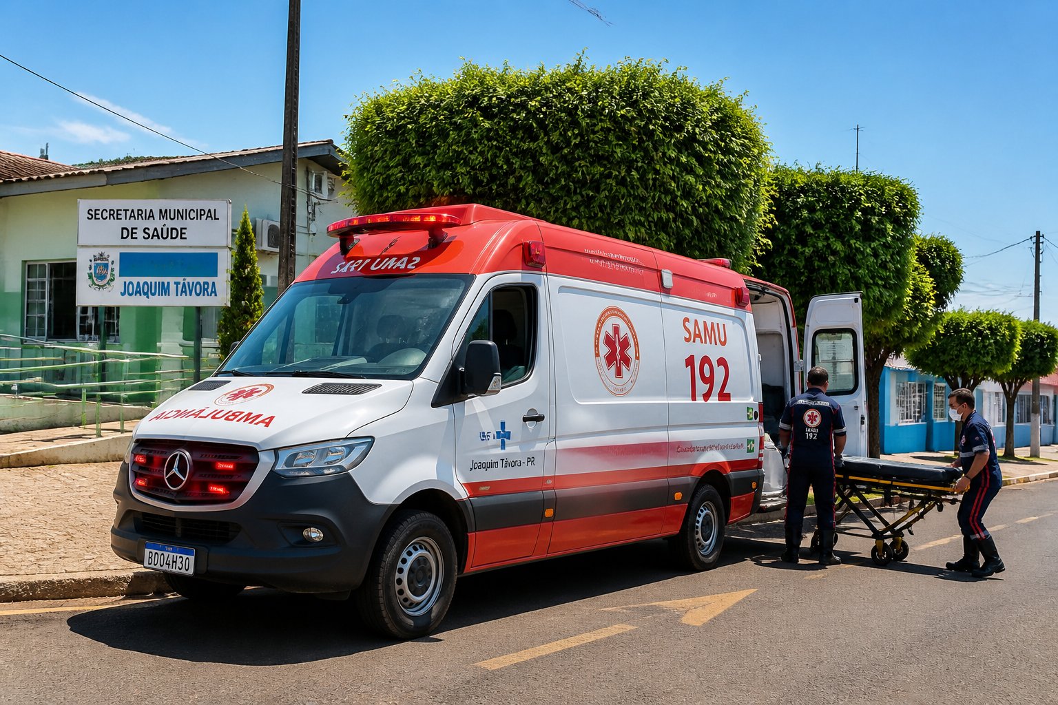 Ambulância moderna estacionada em rua de Joaquim Távora com profissionais de saúde ao redor, em um ambiente de pequena cidade.