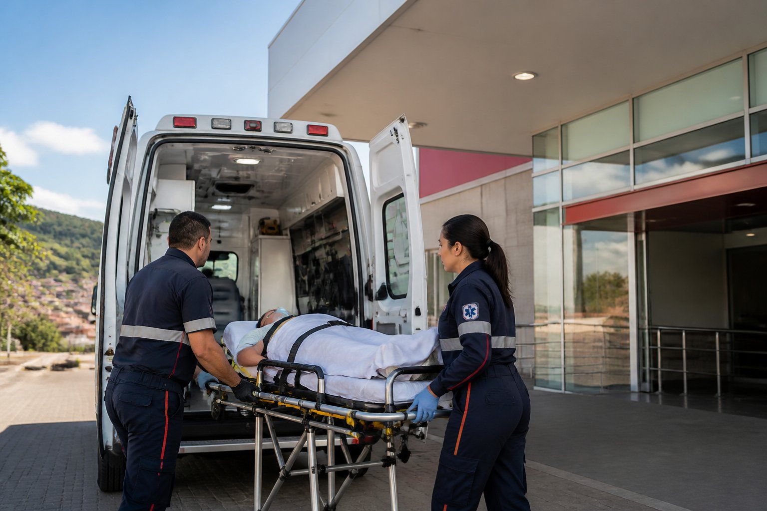 Ambulância estacionada em frente a um hospital com paramédicos atendendo um paciente em uma maca.