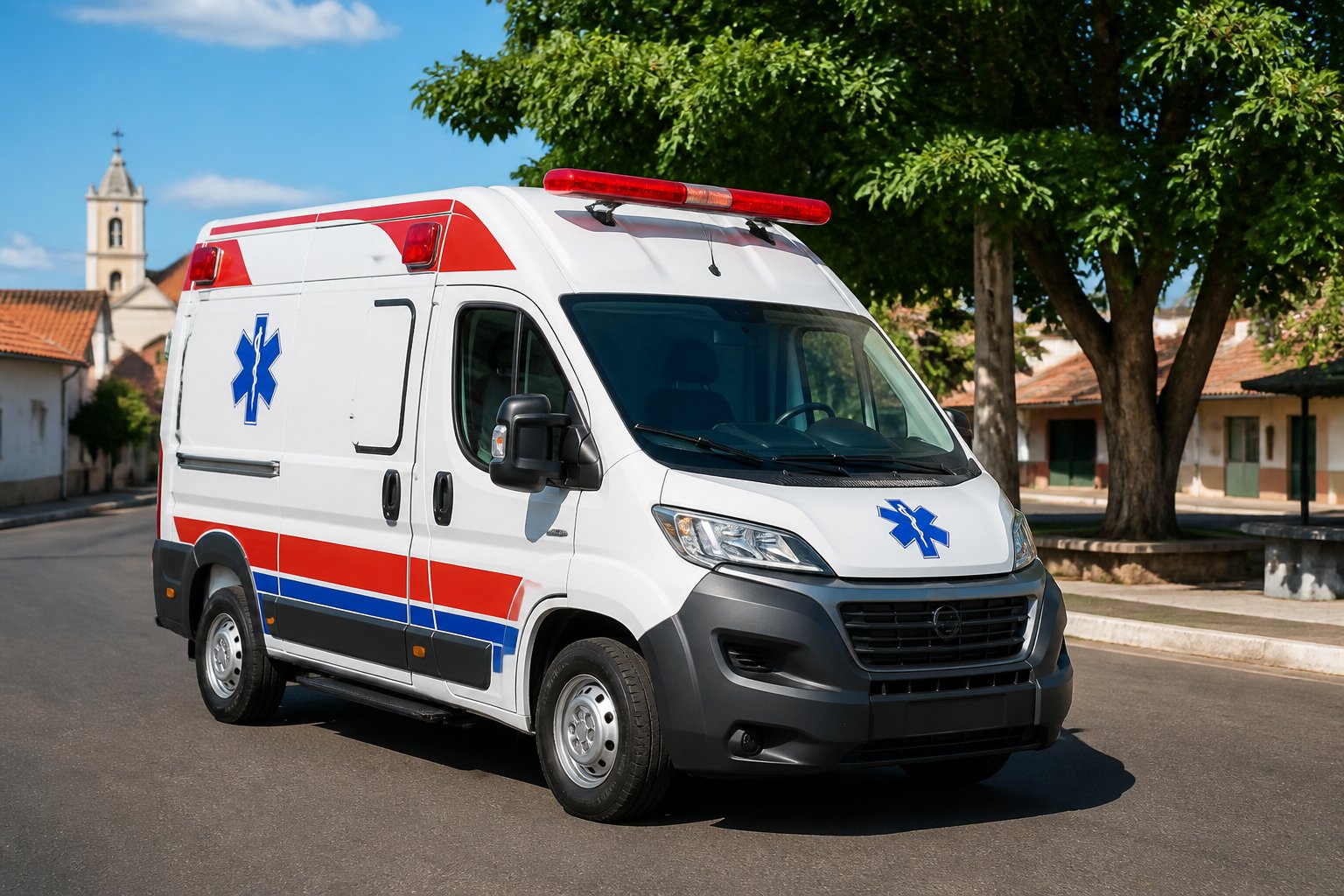 Uma ambulância moderna estacionada em uma rua urbana limpa em Carlópolis, com árvores e construções típicas ao fundo.