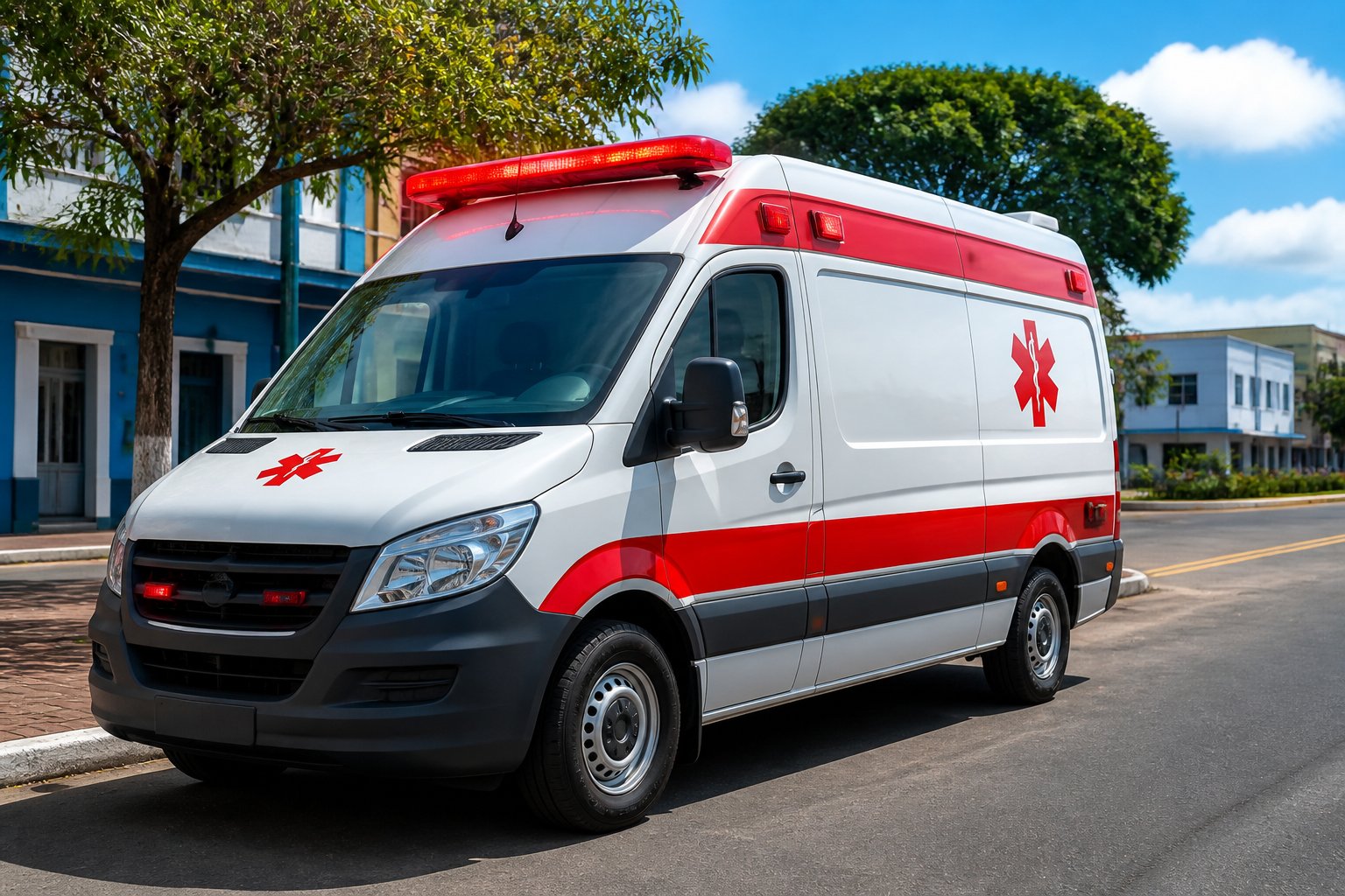 Ambulância estacionada em uma rua de Carlópolis durante o dia, com prédios e árvores ao fundo.