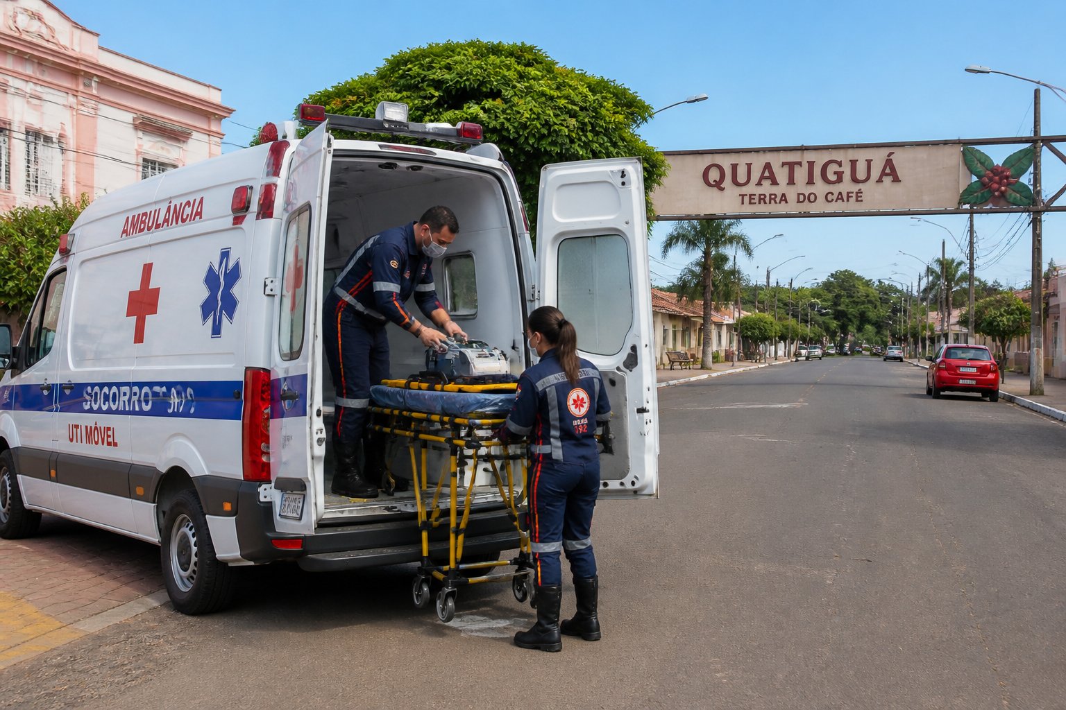 Ambulância branca com marcas de emergência estacionada em uma rua de Quatiguá, com paramédicos ao redor preparando equipamentos.