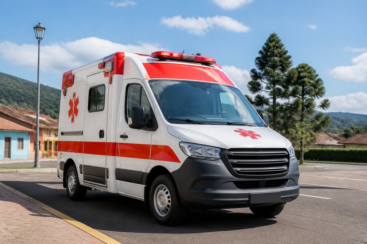 Ambulância estacionada em uma rua limpa na região de Salto do Itararé, com céu claro e vegetação ao redor.